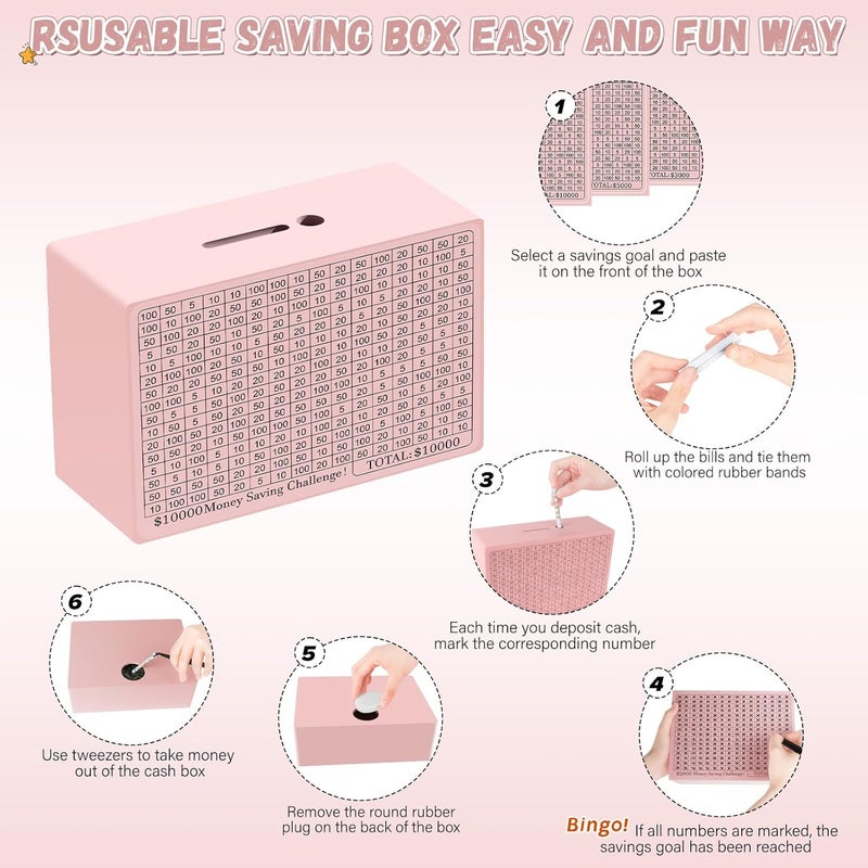 Gomyrod Wooden Money Saving Box, Cash Vault Savings Box for $10000 $5000 $3000 $1000 $800 $500 Target Money Saving Challenge, Reusable Money Box with Counter, Dry Erase Pen/Savings Trackers/Rubber Band-Pink - Image 5